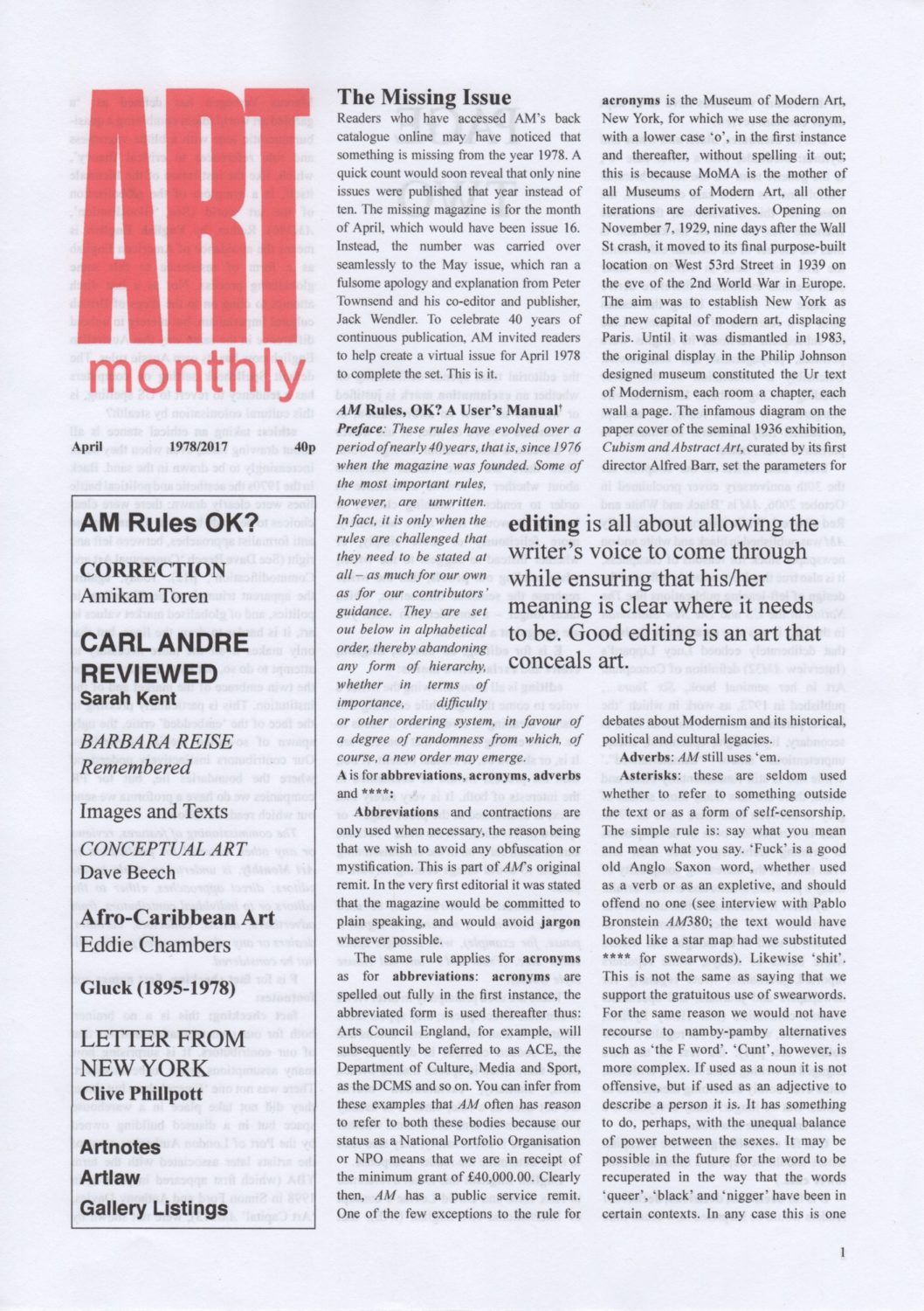 Art Monthly April 1978/2017 The Missing Issue