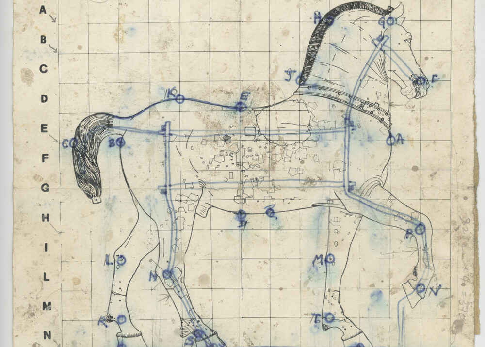 Research including extracts from the exhibition catalogue for ‘The Horses of San Marco’ at the Museum of Modern Art, Venice, Italy (1979) with drawings and dimensions from horse sculptures. JBF/7/3.3