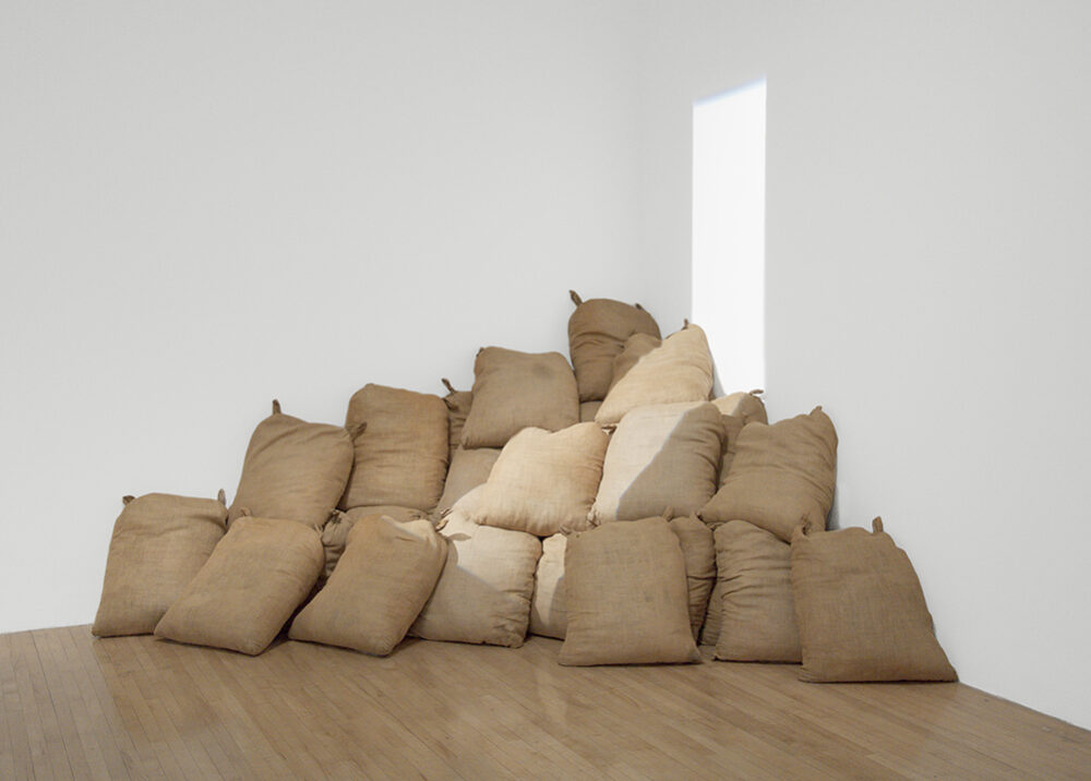 Installation view ‘light on light on light on sacks’ (1969) in Barry Flanagan Early works 1965-1982, Tate Britain, 2011-2012  https://barryflanagan.com/artworks/view/13202